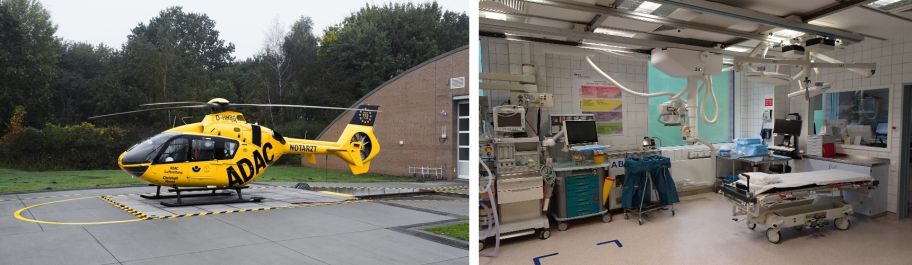 BG-Unfallklinikum Hamburg: Nach dem Hubschraubertransport geht es für Schwerverletzte direkt in den Schockraum. (Fotos: BG Klinikum Hamburg (li.) / Christian Heinz (re.))