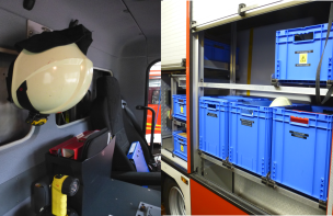 So können Feuerwehrhelme sicher gelagert werden. Entweder an einer Halterung aufhängen oder im Geräteraum z.B. in einer Kiste verstauen. (Bilder: Jürgen Kalweit / HFUK Nord)
